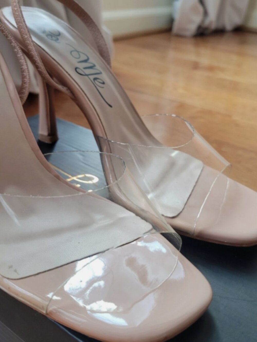 So Me Womens Sandals Size 7 Beige Clear Strap Heels Nude Open Toe Sling back